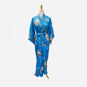 Vintage NWT Amita Japan satin blue kimono floral maxi